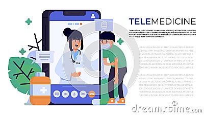 Telemedicine . Doctor consulting patient by video call via smartphone and copy space . Vector Vector Illustration