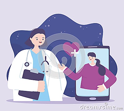 Telemedicine, doctor and patient smartphone medical treatment and online healthcare services Vector Illustration