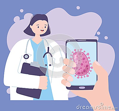 Telemedicine, female doctor and hand with smartphone medical treatment and online healthcare services Vector Illustration