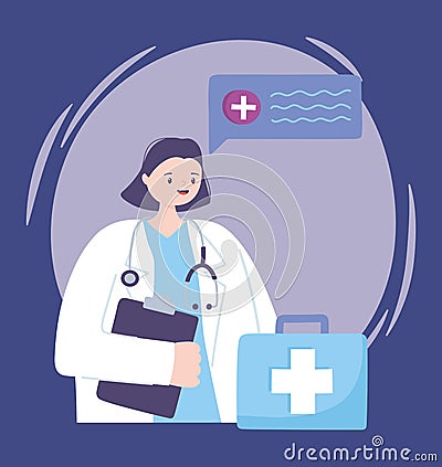 Telemedicine, female doctor with kit first aid and stethocsope medical treatment and online healthcare services Vector Illustration