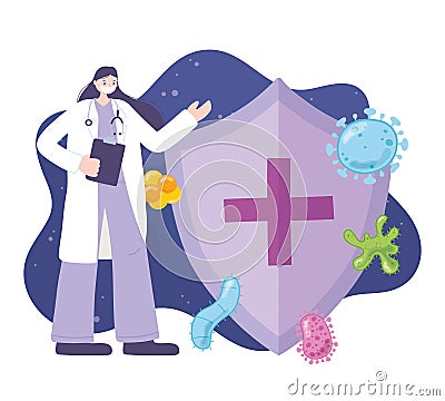 Telemedicine, female doctor with medical mask, coronavirus spread, shield medical treatment and healthcare Vector Illustration