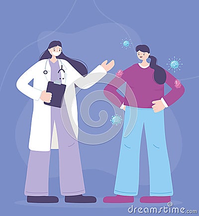 Telemedicine, female doctor with medical mask and patient, coronavirus spread, treatment and healthcare Vector Illustration