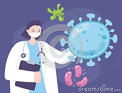 Telemedicine, female doctor with medical mask and stethoscope, coronavirus spread, medical treatment and healthcare Vector Illustration