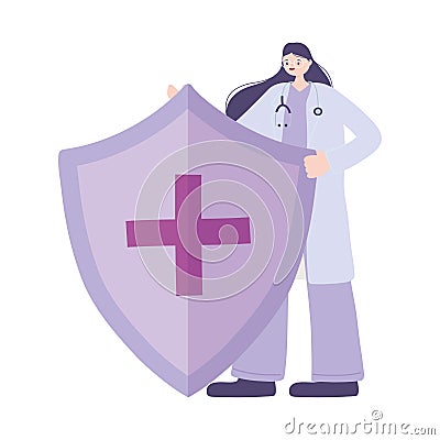 Telemedicine, female doctor shield medical treatment and online healthcare services Vector Illustration