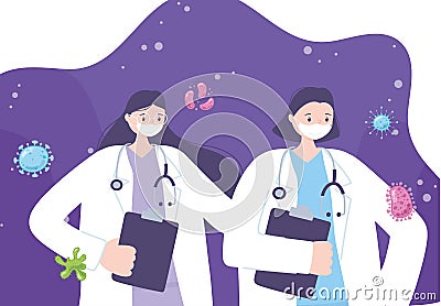 Telemedicine, female doctors with protective mask, coronavirus spread, medical treatment and online healthcare services Vector Illustration