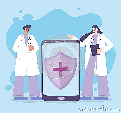 Telemedicine, female and male doctor smartphone medical treatment and online healthcare services Vector Illustration