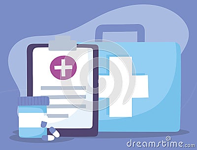 Telemedicine, kit first aid medical report and medication treatment and online healthcare services Vector Illustration