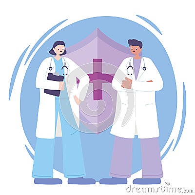 Telemedicine, male and female physicians occupational medical treatment and online healthcare services Vector Illustration