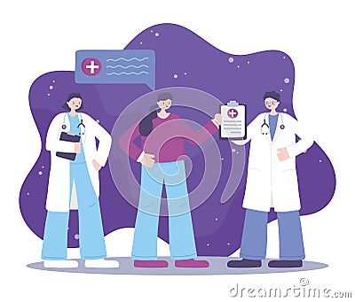 Telemedicine, physicians and patient message consultation, medical treatment and online healthcare services Vector Illustration