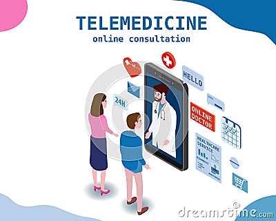 Telemedicine smartphone concept characters family doctor and patients wife and husband consultation diagnosis by Vector Illustration