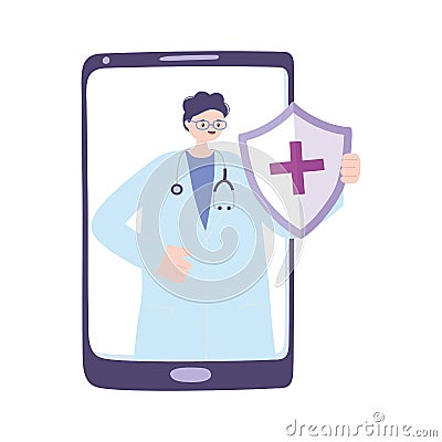 Telemedicine, smartphone male doctor medical shield medication Vector Illustration