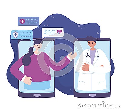 Telemedicine, smartphones patient and doctor connected, medical treatment and online healthcare services Vector Illustration