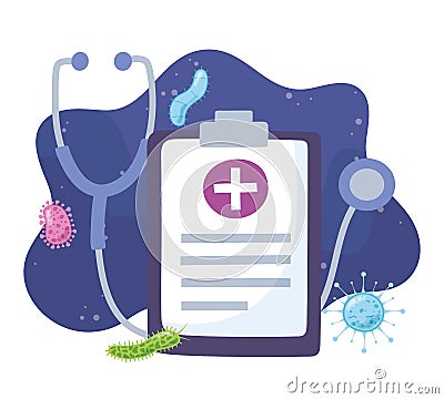 Telemedicine, stethoscope and clipboard report medical treatment and online healthcare services Vector Illustration