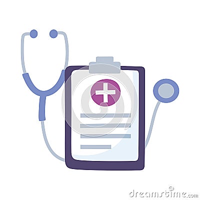 Telemedicine, stethoscope and clipboard report medical treatment and online healthcare services Vector Illustration