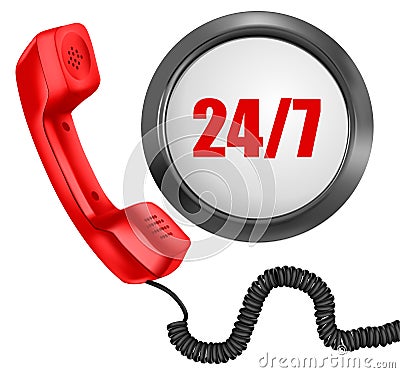 Telephone and 24/7 button. 24 hours in day Vector Illustration