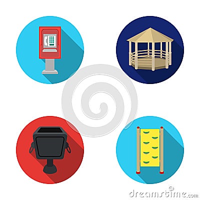 Telephone automatic, gazebo, garbage can, wall for children. Park set collection icons in flat style vector symbol stock Vector Illustration