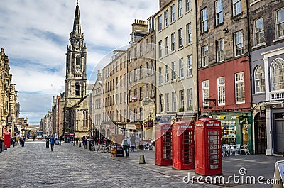 Telephone Booths on the Royal Mile in Edinburgh Editorial Stock Photo