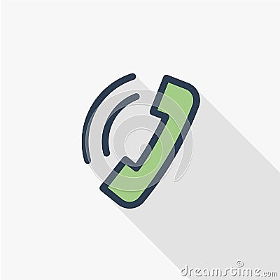 Telephone call, contact us, handset, phone thin line flat icon. Linear vector symbol colorful long shadow design. Vector Illustration