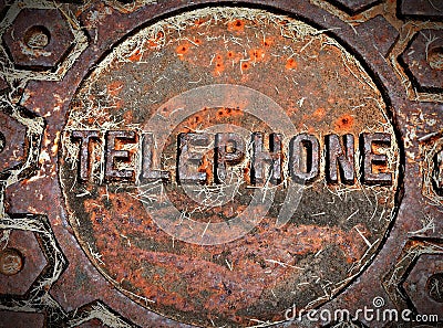 Telephone Manhole Cover, Cast Iron Stock Photo