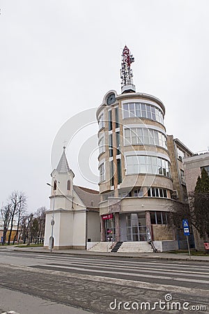 The old Telephone Palace and Evangelical Christian Church Editorial Stock Photo