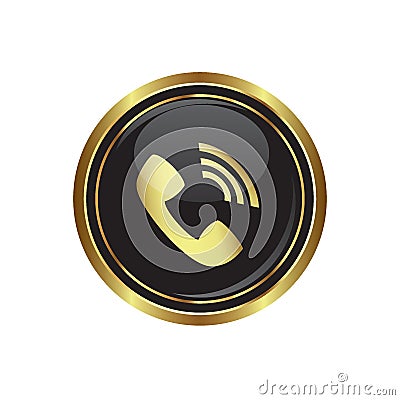 Telephone receiver icon on the black with gold round button Vector Illustration