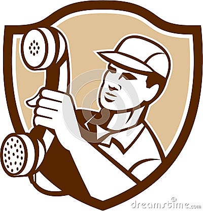 Telephone Repairman Holding Phone Shield Stock Photo