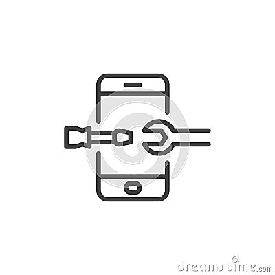 Telephone with screwdriver and wrench line icon Vector Illustration