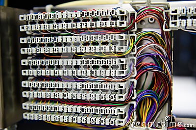 Telephone switchboard panel and wiring Stock Photo