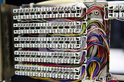 Telephone switchboard panel and wiring Stock Photo