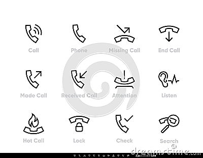 Phone Call Statuses icons. Missing Call, Hot, Attention Ring, Lock Phone. Editable stroke vector line Vector Illustration