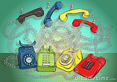 Telephone Wire Maze Game. Answer: 1-red; 2-green; 3-blue; 4-yellow. Vector Illustration