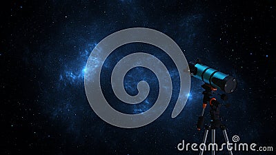 Telescope follows starry sky. Astronomy, observation of stars planets galaxies nebulae. Observing cosmos astronomical telescope. Stock Photo