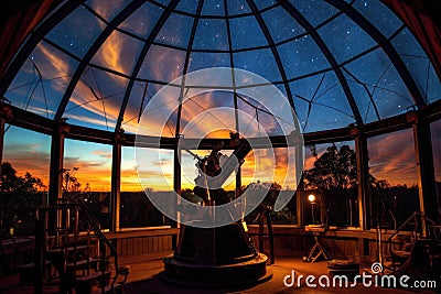 telescope in observatory dome, open to night sky Stock Photo