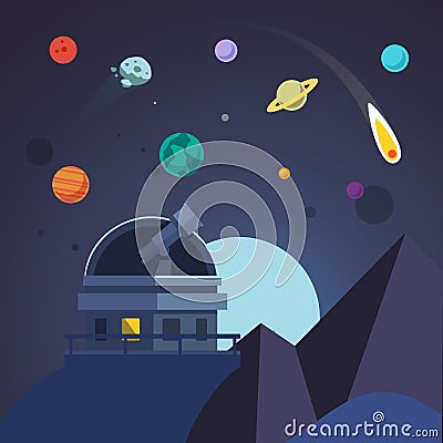 Telescope sits in an open observatory dome Vector Illustration