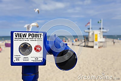 Telescope View Point on British Beach & Seagulls Stock Photo