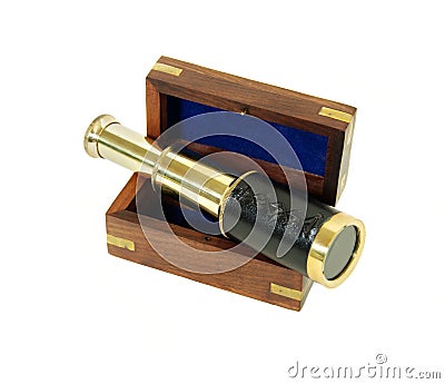 Telescope in wooden box Stock Photo