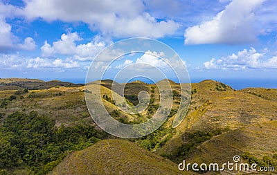 Teletubbies Hill. Drone Shot Tropical Savanna Hills at Nusa Penida, Bali - Indonesia Stock Photo