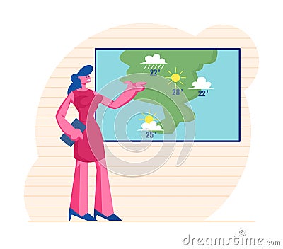 Television Anchorwoman at Studio Forecast Weather During Live Broadcasting. Woman Meteorologist Announcer Reporter Vector Illustration