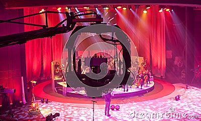 Television broadcast from the theater. Professional digital video camera. Stock Photo