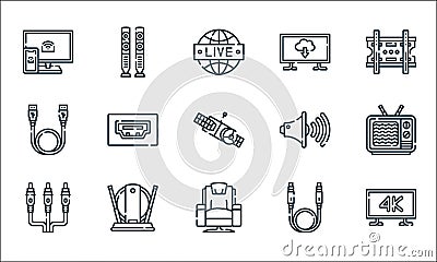 Television line icons. linear set. quality vector line set such as k, armchair, av cable, cable, indoor antenna, usb cable, volume Vector Illustration