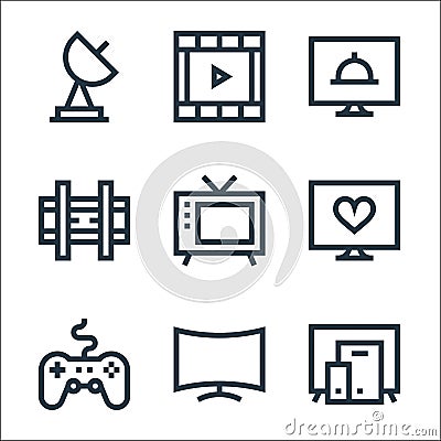 television line icons. linear set. quality vector line set such as responsive, curve, gamepad, romantic, old tv, wall bracket, Vector Illustration