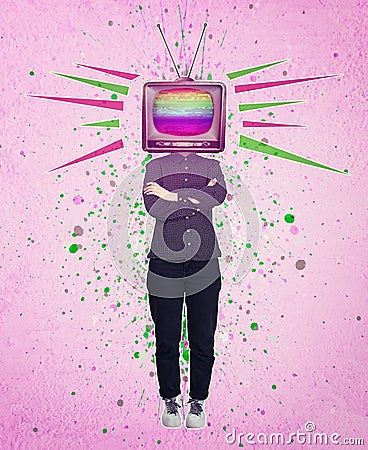 Television manipulation and brainwashing. Mass media propaganda control. Contemporary art collage, woman full length with old tv Stock Photo