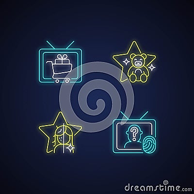 Television neon light icons set Vector Illustration