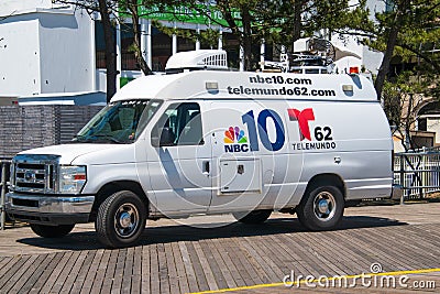 Television news van for NBC and Telemundo stations on the Atlantic City boardwalk covering the start of the summer season Editorial Stock Photo