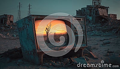 Television in post-apocalyptic world, Garbage heap. Desert scene. Technological decay. Dark before the dawn. Stock Photo