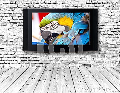 Television set on an old wall Stock Photo
