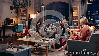 Television Sitcom. Four Diverse Friends having Fun in Living Room. Funny Sketch of Girlfriend Stock Photo