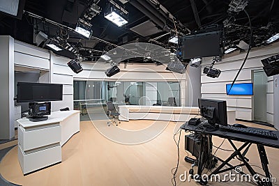 Television studio with cameras for broadcasting. Generative ai Stock Photo