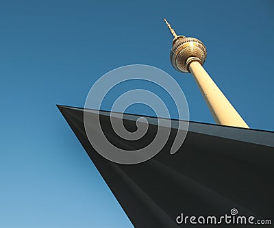 Television tower in berlin mitte with blue sky Stock Photo