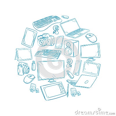 Television, video and computer device, electronic gadget hand drawn vector illustration Vector Illustration